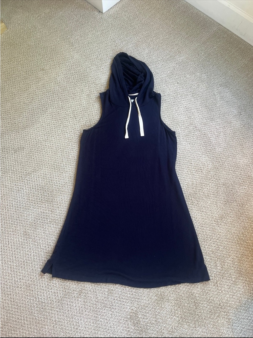 Lou & Grey Navy Sleeveless Hooded Tank Dress with White Drawstrings